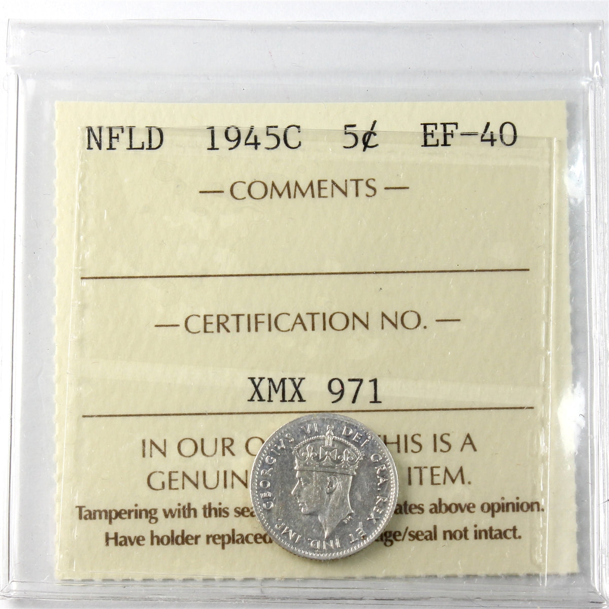 1945C Newfoundland 5-cents ICCS Certified EF40