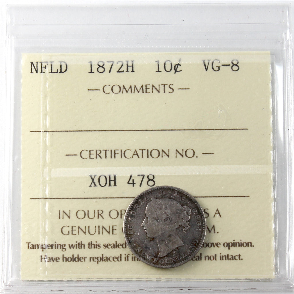 1872H Newfoundland 10-cents ICCS Certified VG8