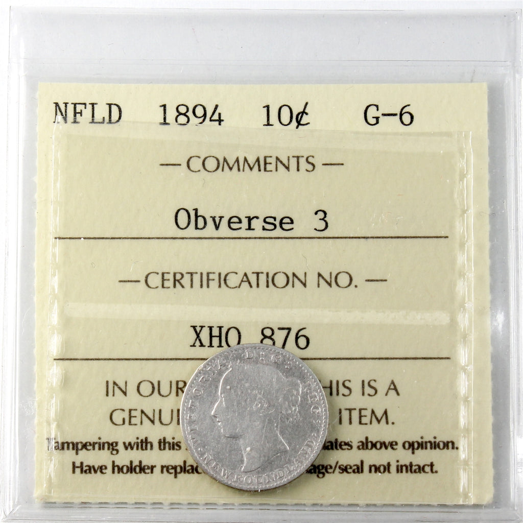1894 Obv. 3 Newfoundland 10-cents ICCS Certified G6