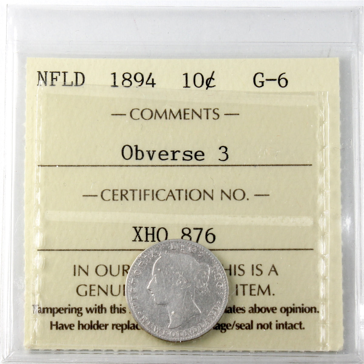 1894 Obv. 3 Newfoundland 10-cents ICCS Certified G6
