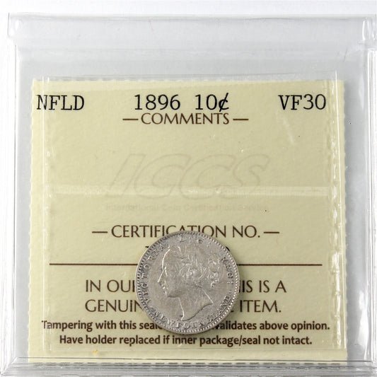 1896 Newfoundland 10-cents ICCS Certified VF-30