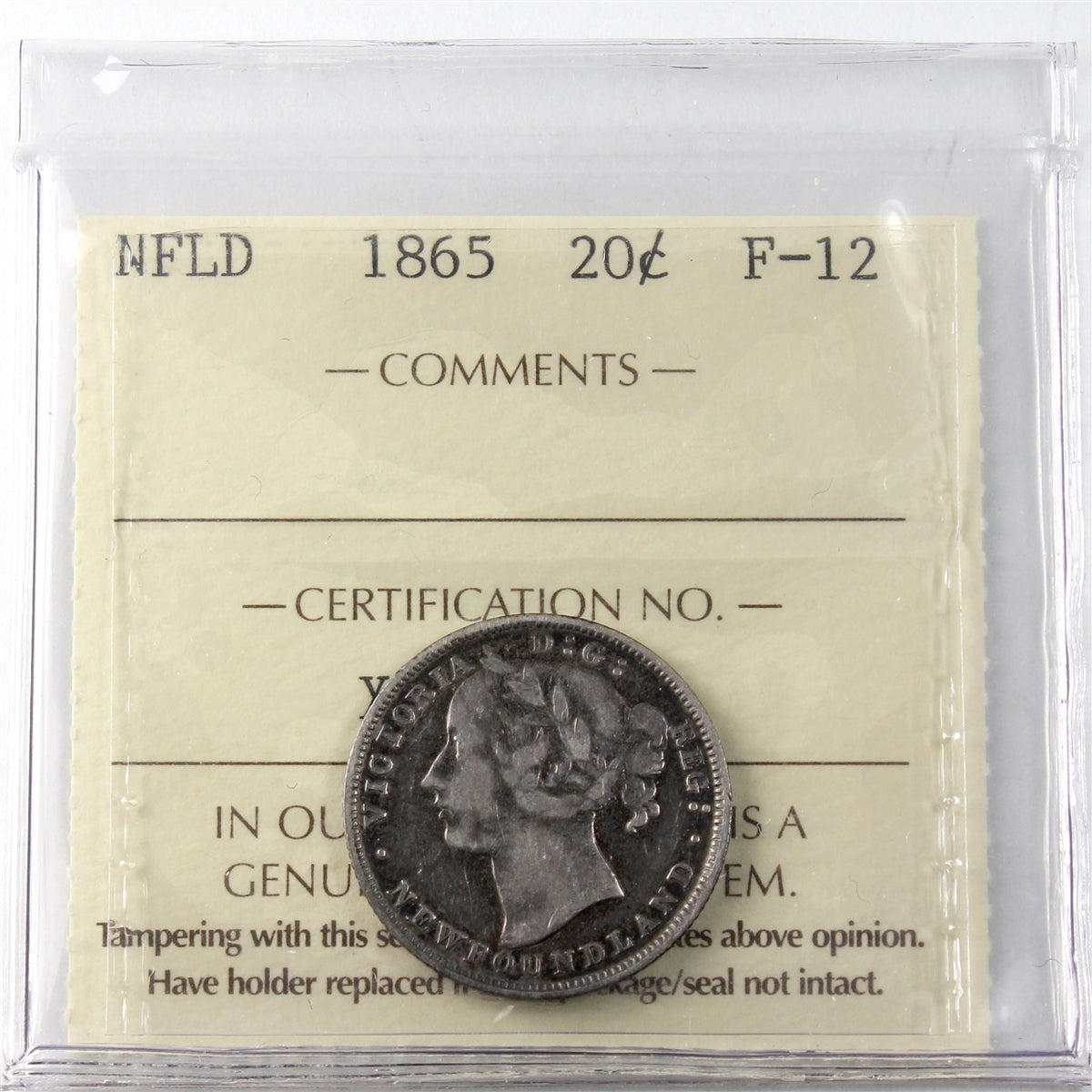 1865 Newfoundland 20-cents ICCS Certified F12