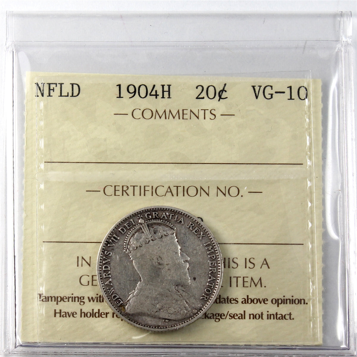 1904H Newfoundland 20-cents ICCS Certified VG10