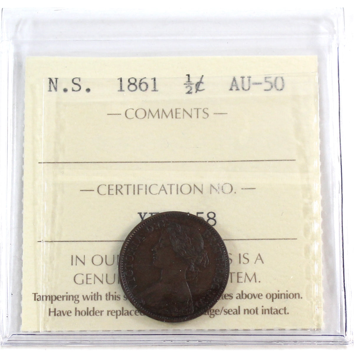 1861 Nova Scotia 1/2 Cent ICCS Certified AU50