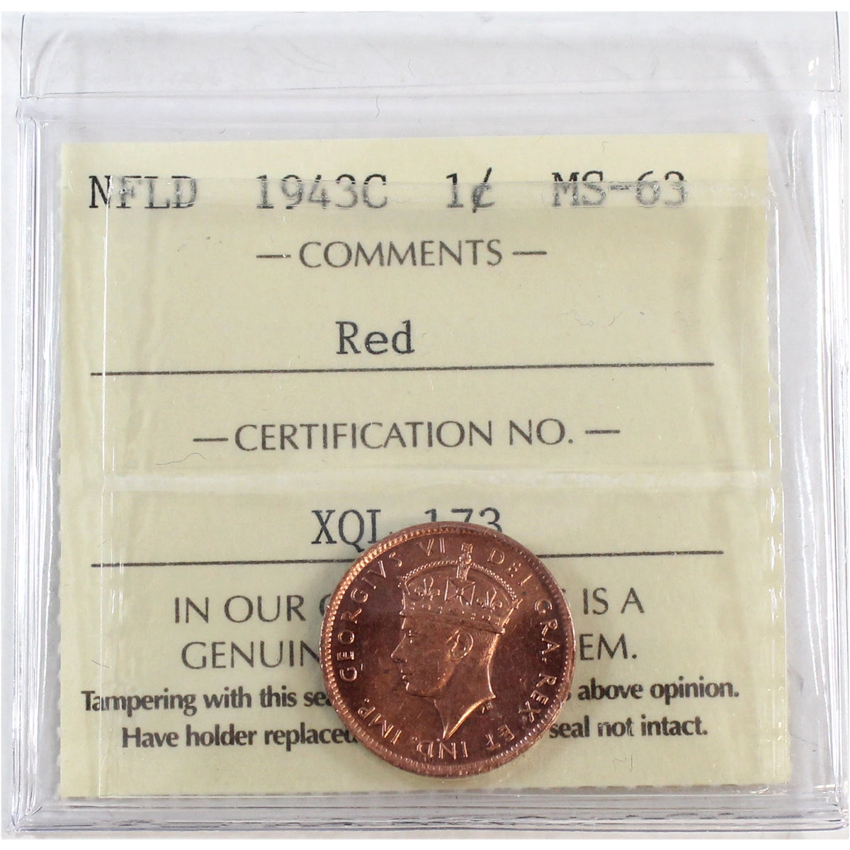 1943C Newfoundland 1-cent ICCS Certified MS63 Red