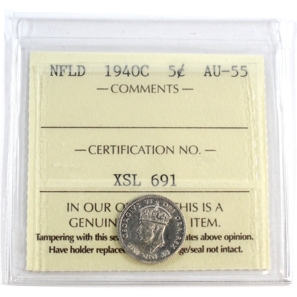 1940C Newfoundland 5-cents ICCS Certified AU55