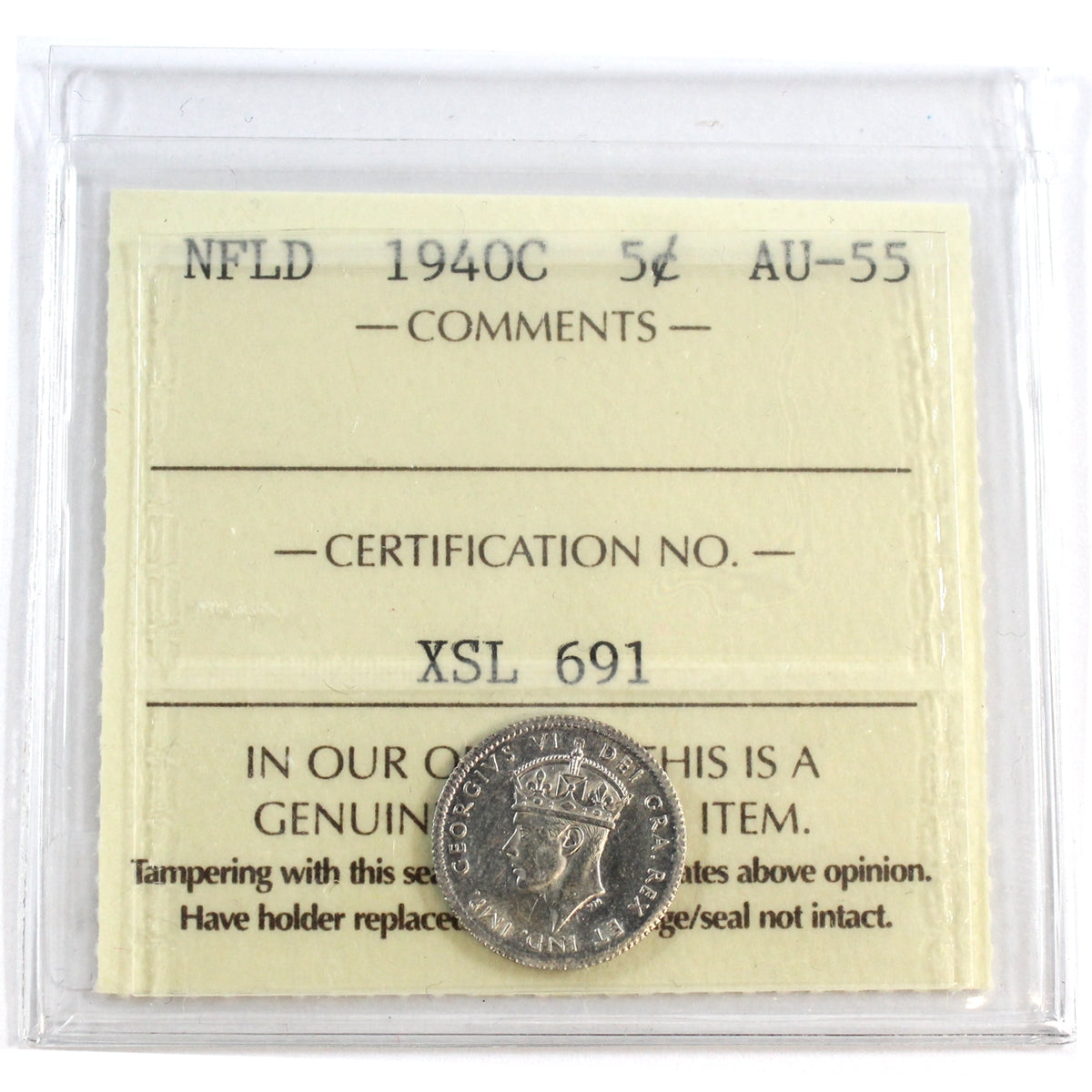 1940C Newfoundland 5-cents ICCS Certified AU55