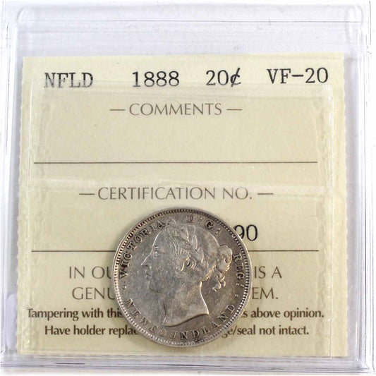 1888 Newfoundland 20-cents ICCS Certified VF-20