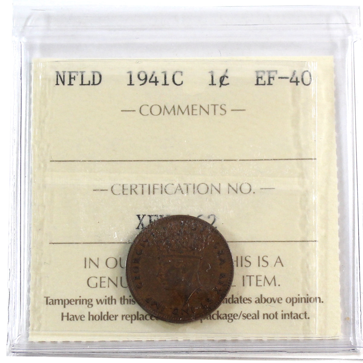 1941C Re-engraved Newfoundland 1-cent ICCS Certified EF40