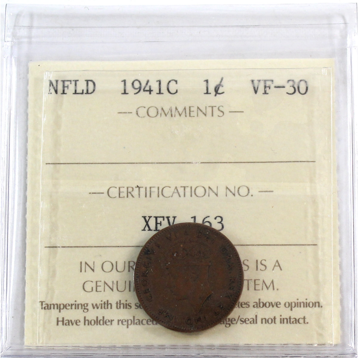 1941C Re-engraved Newfoundland 1-cent ICCS Certified VF30