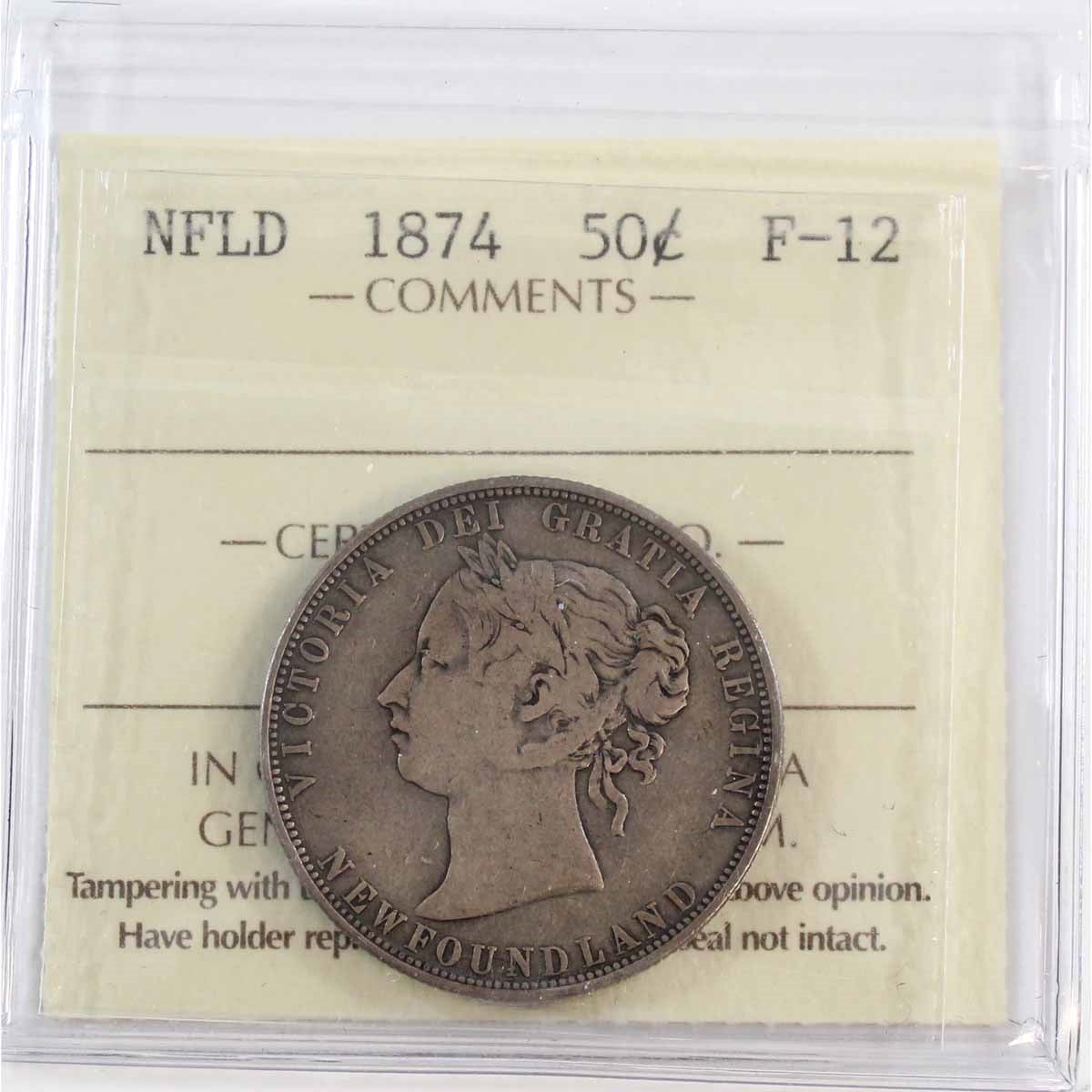 1874 Newfoundland 50-cents ICCS Certified F12