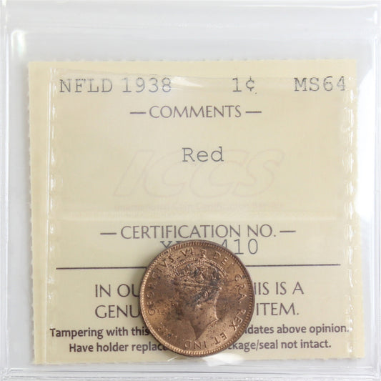 1938 Newfoundland 1-cent ICCS Certified MS-64 Red (XCM 410)