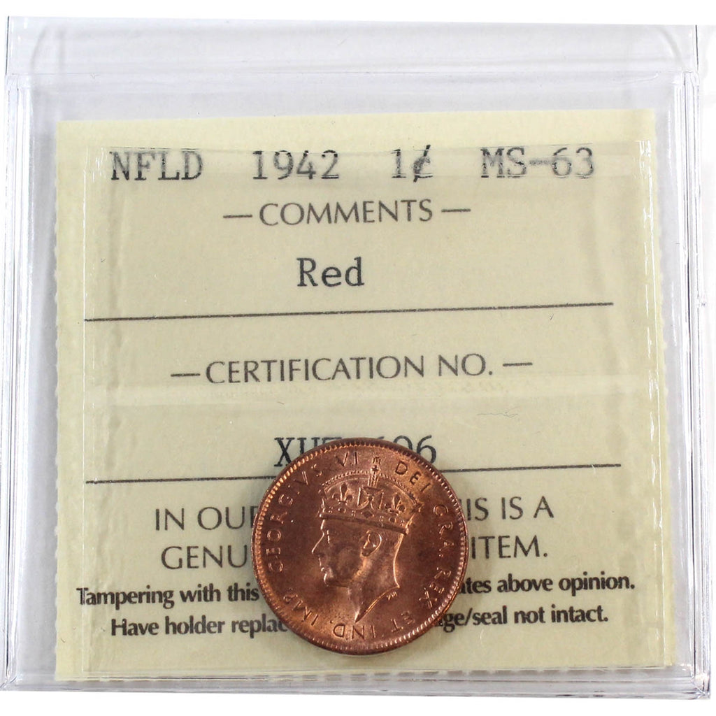 1942 Newfoundland 1-cent ICCS Certified MS63 Red