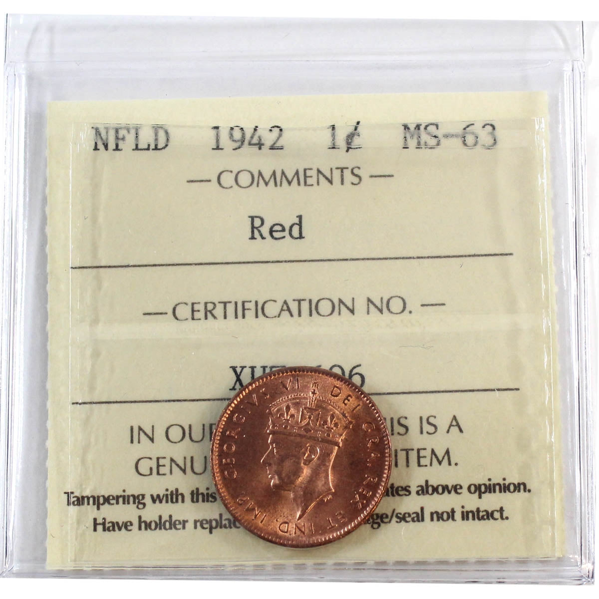 1942 Newfoundland 1-cent ICCS Certified MS63 Red