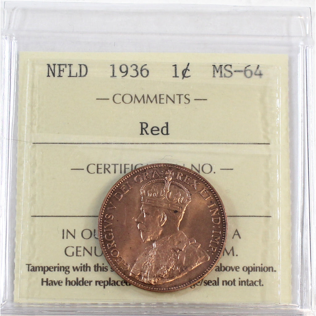 1936 Newfoundland 1-cent ICCS Certified MS64 Red