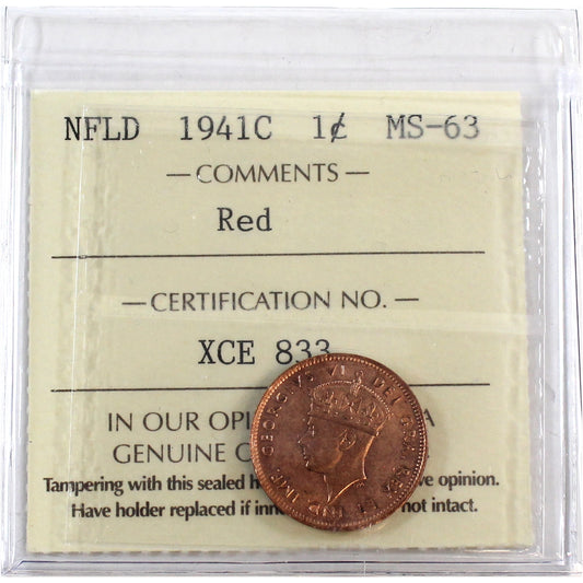 1941C Newfoundland 1-cent ICCS Certified MS63 Red