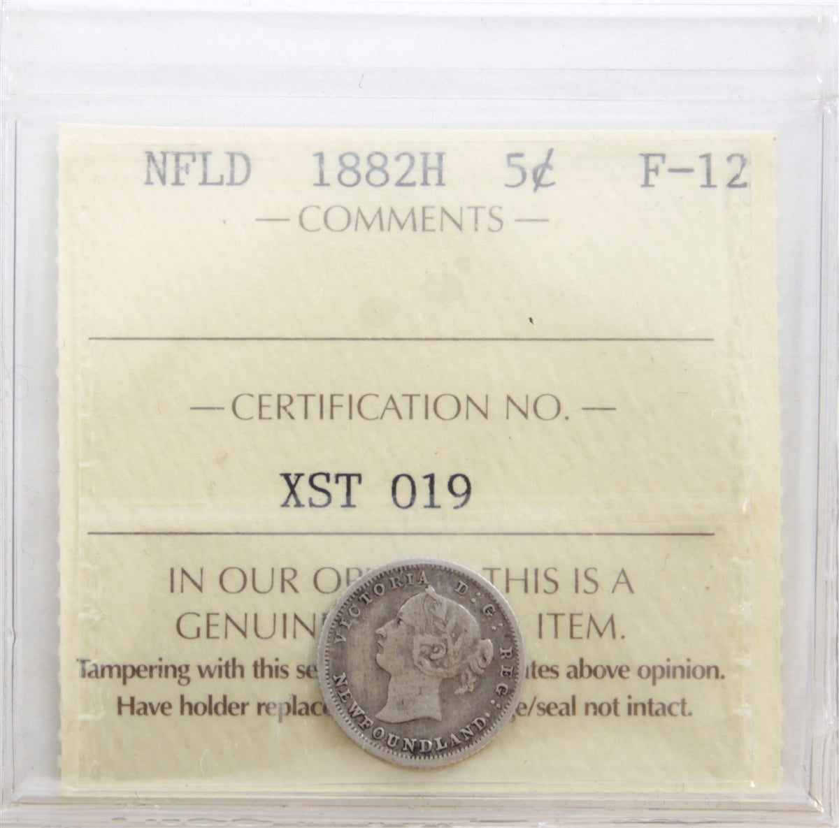 1882H Newfoundland 5-cents ICCS Certified F12