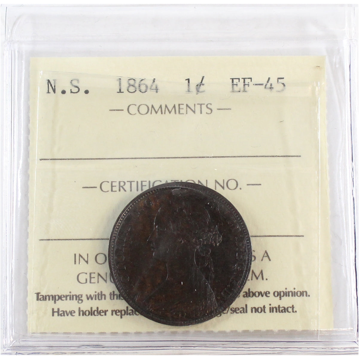 1864 Nova Scotia 1-cent ICCS Certified EF45