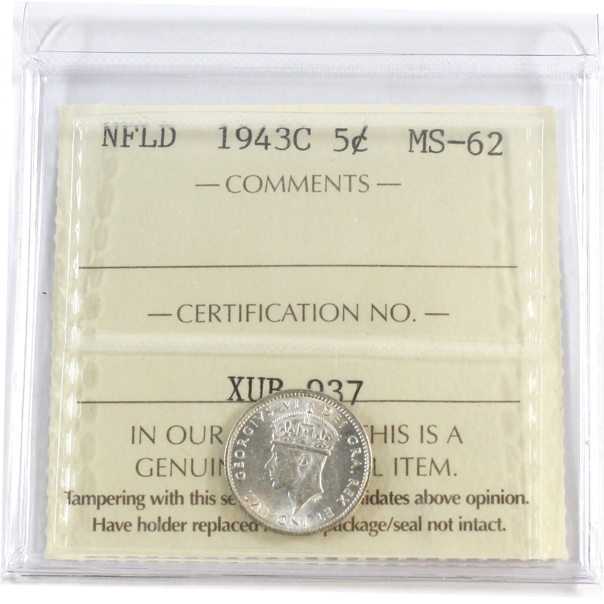 1943C Newfoundland 5-cents ICCS Certified MS62