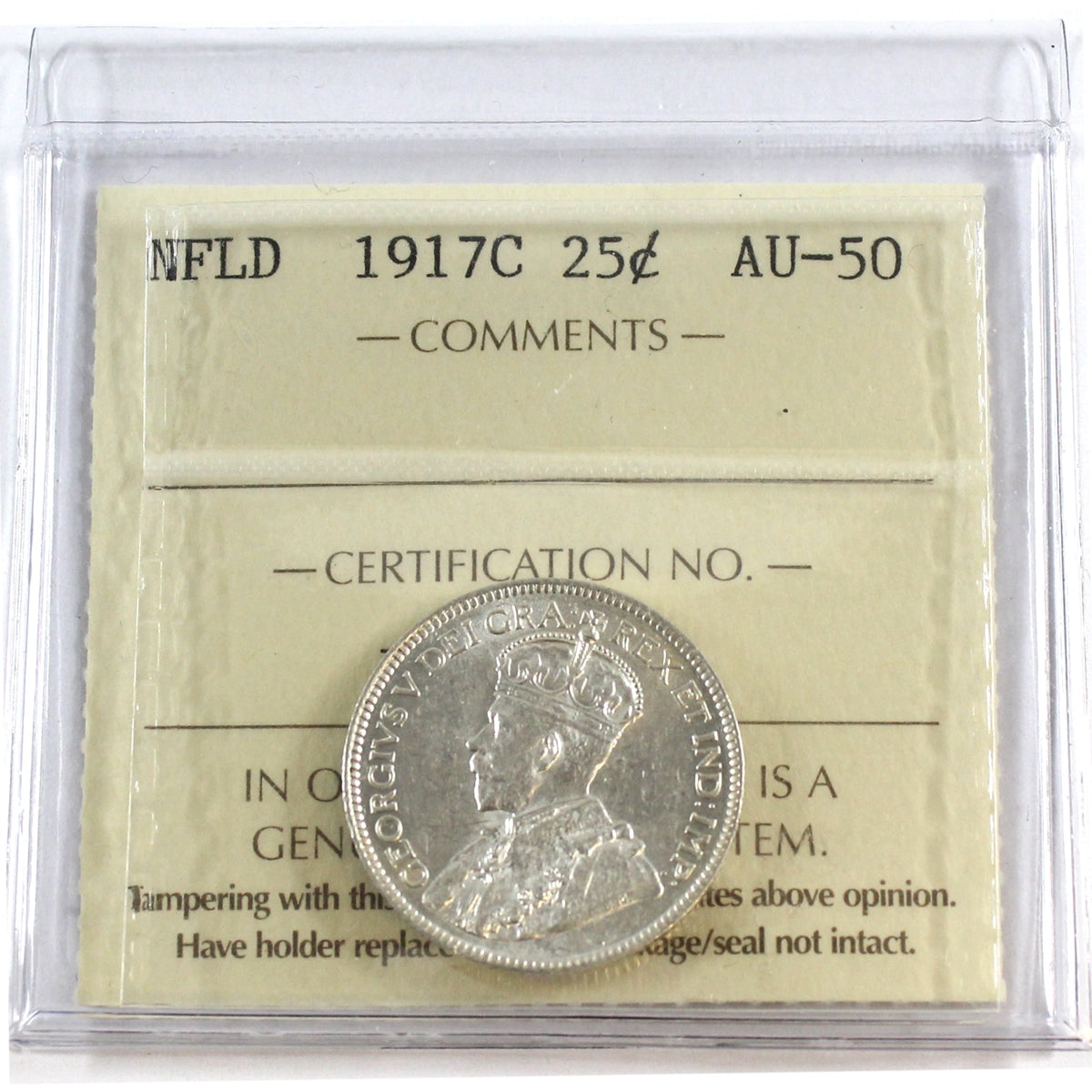 1917C Newfoundland 25-cents ICCS Certified AU50