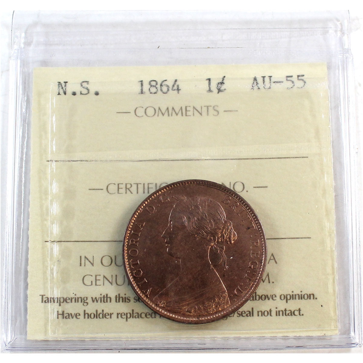 1864 Nova Scotia 1-cent ICCS Certified AU55