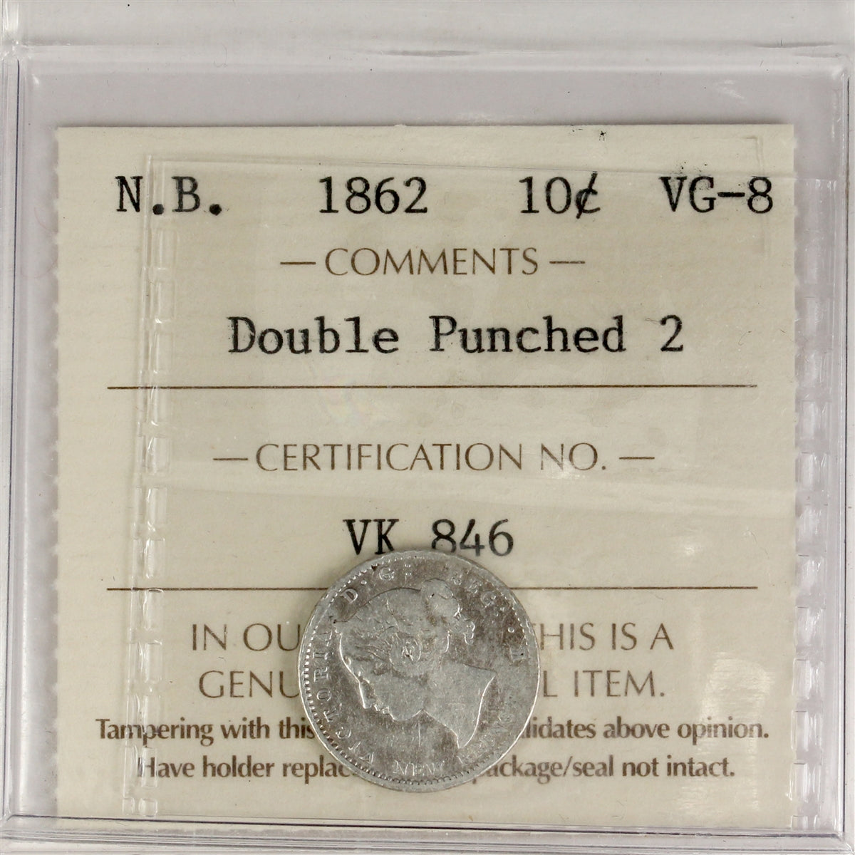 1862 Double Punched 2 New Brunswick 10-cents ICCS Certified VG8