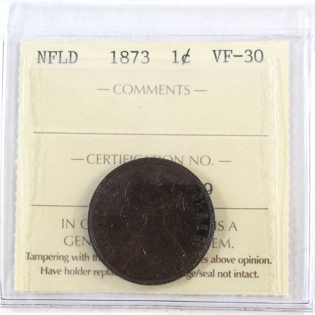 1873 Newfoundland 1-cent ICCS Certified VF30
