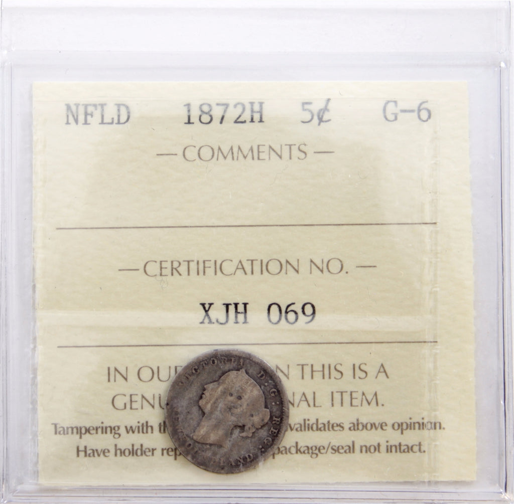 1872H Newfoundland 5-cents ICCS Certified G6