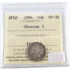 1894 Obv. 3 Newfoundland 10-cent ICCS Certified VF30