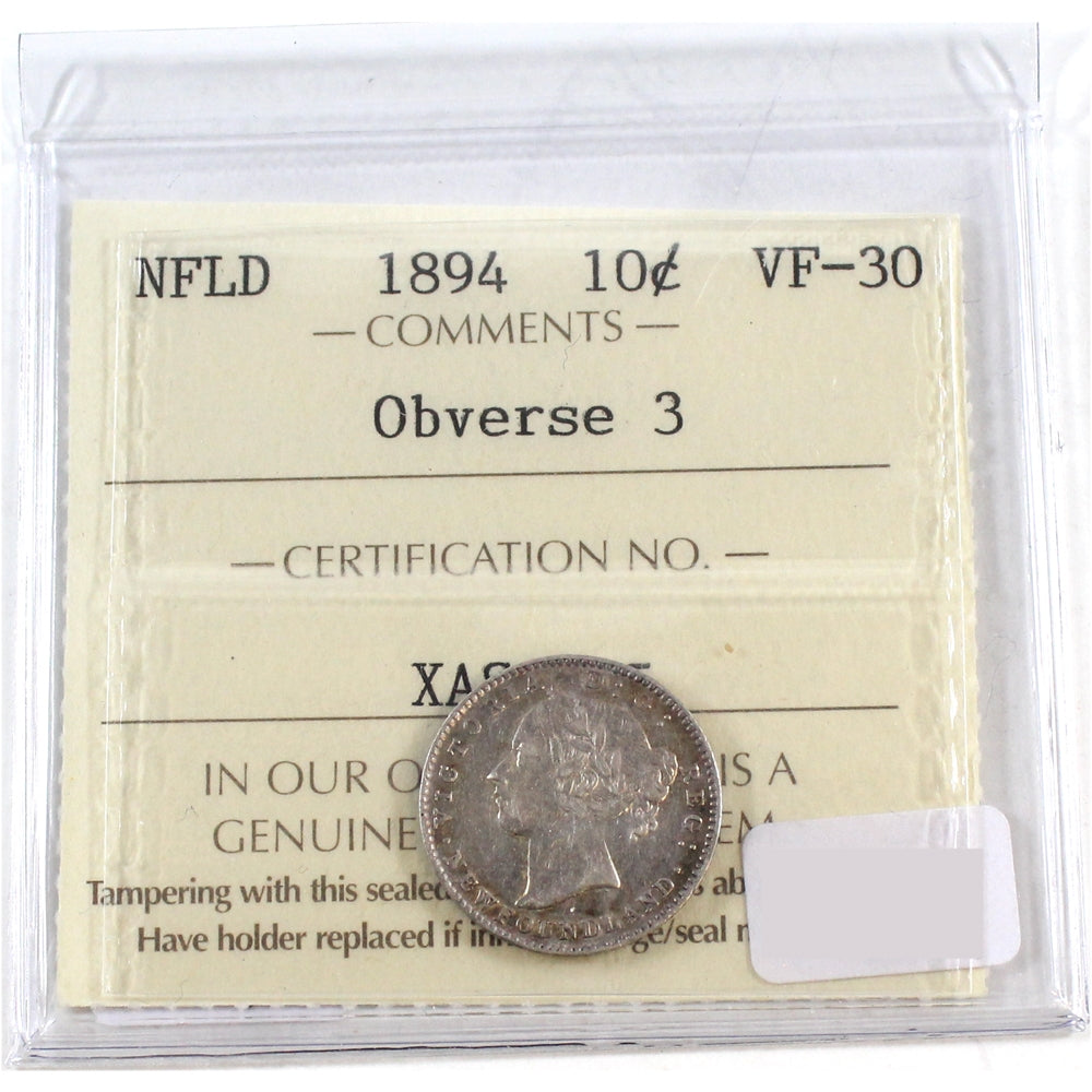 1894 Obv. 3 Newfoundland 10-cent ICCS Certified VF30