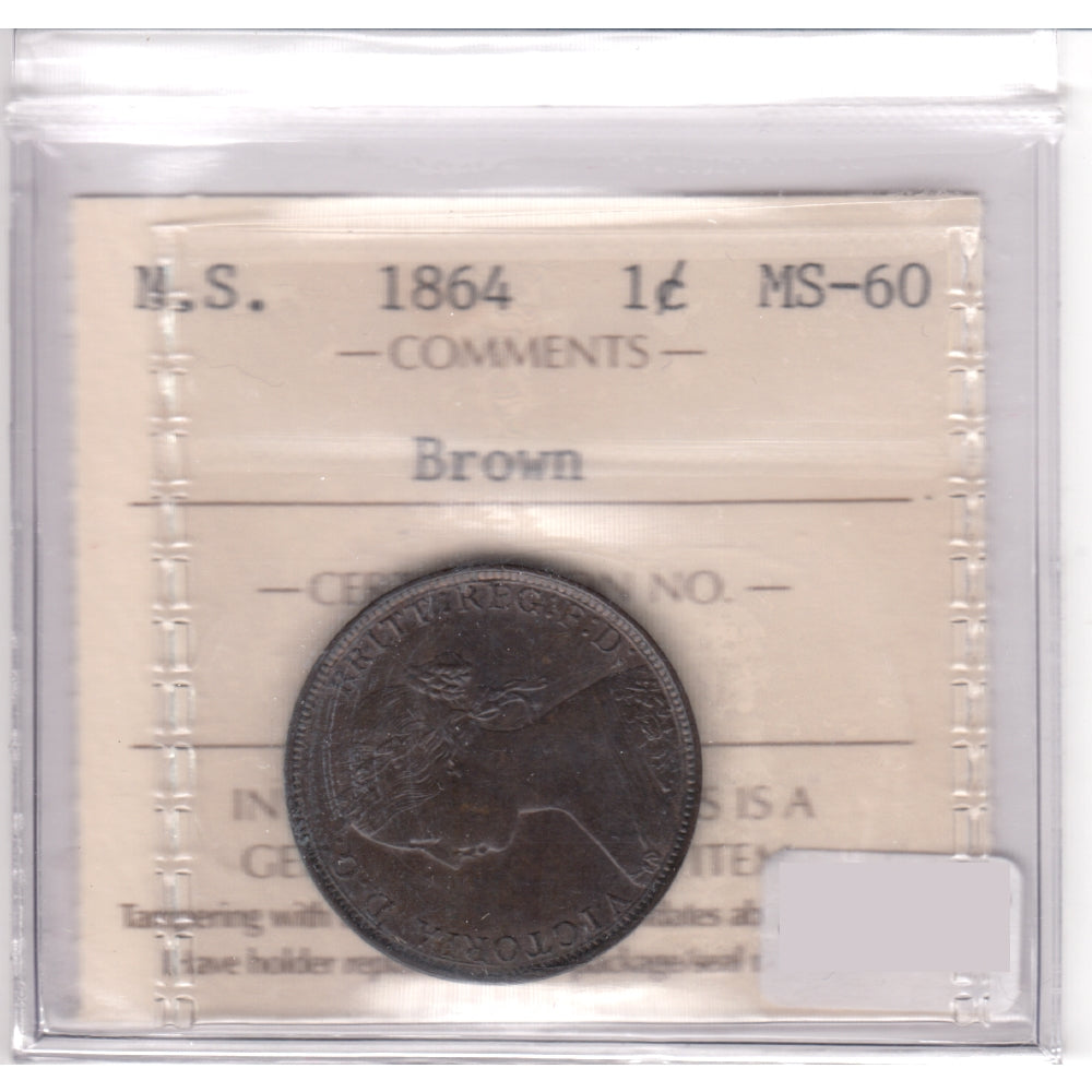 1864 Nova Scotia 1-cent ICCS Certified MS60 Brown