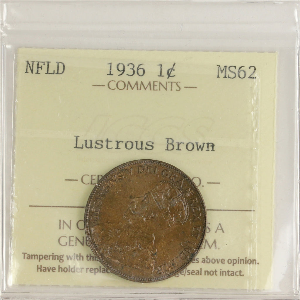 1936 Newfoundland 1-cent ICCS Certified MS62 Lustrous Brown