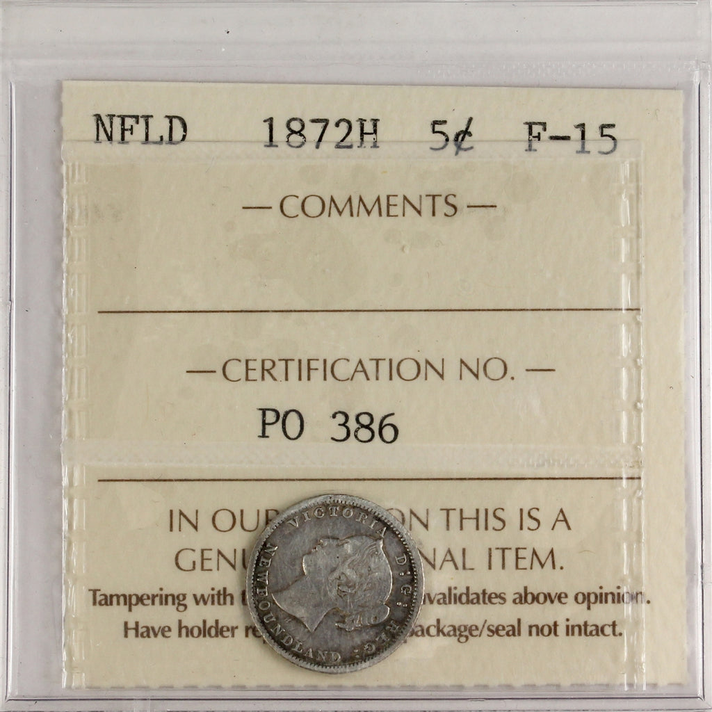 1872H Newfoundland 5-cents ICCS Certified F15