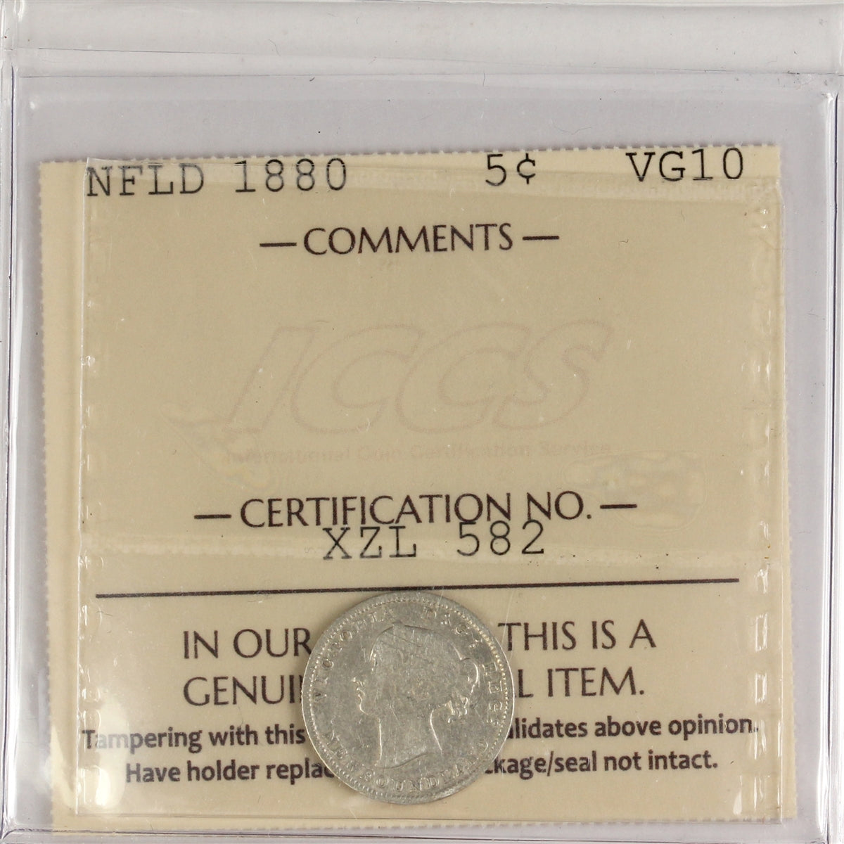 1880 Newfoundland 5-cents ICCS Certified VG10