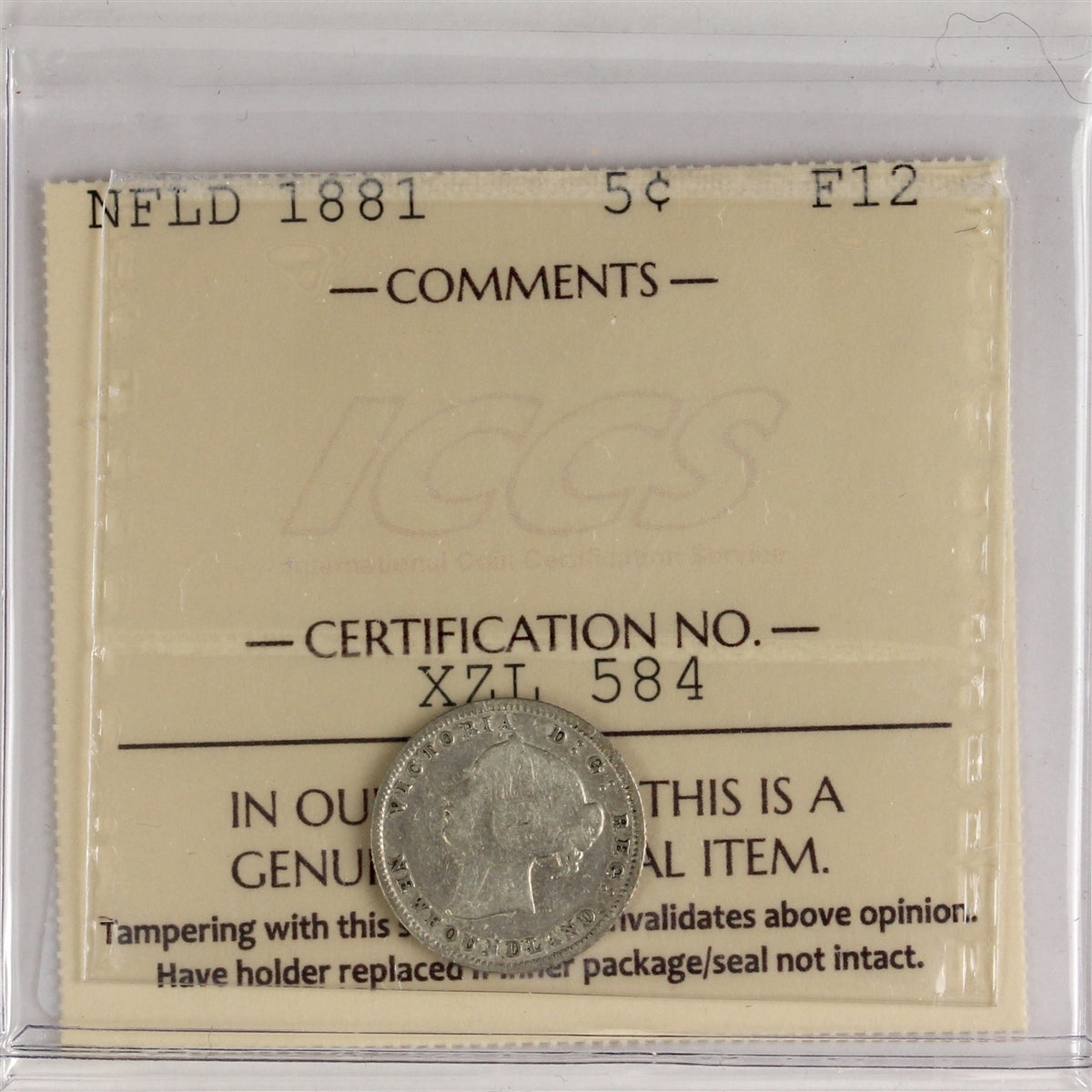 1881 Newfoundland 5-cents ICCS Certified F12