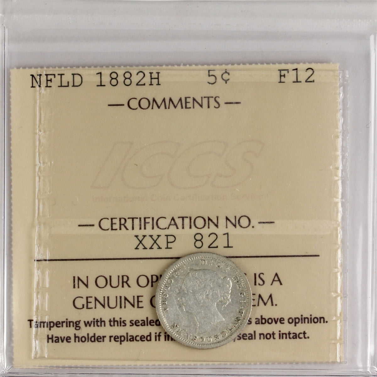 1882H Newfoundland 5-cents ICCS Certified F12