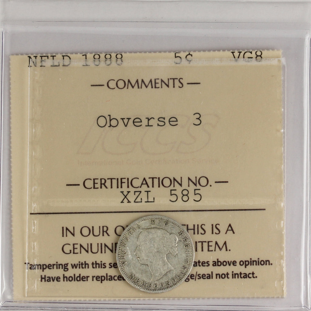 1888 Obverse 3 Newfoundland 5-cents ICCS Certified VG8