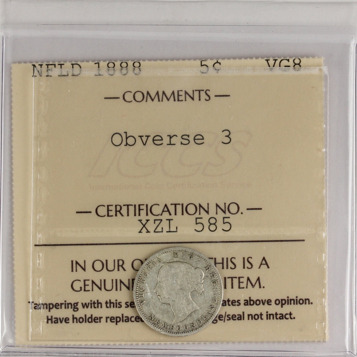 1888 Obverse 3 Newfoundland 5-cents ICCS Certified VG8