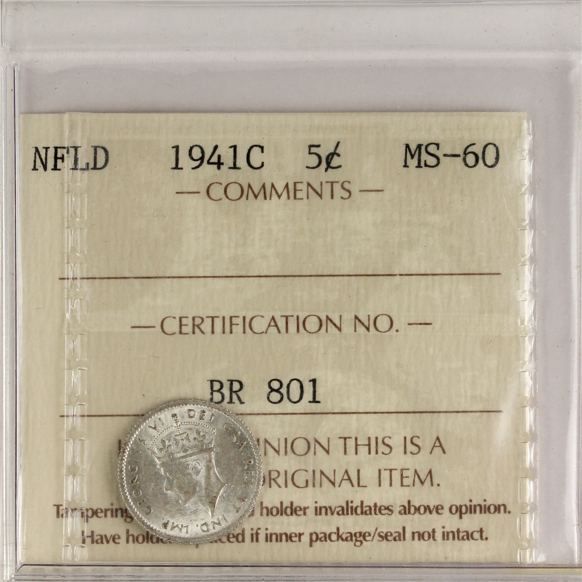 1941C Newfoundland 5-cents ICCS Certified MS60