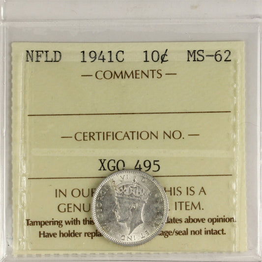 1941C Newfoundland 10-cents ICCS Certified MS-62
