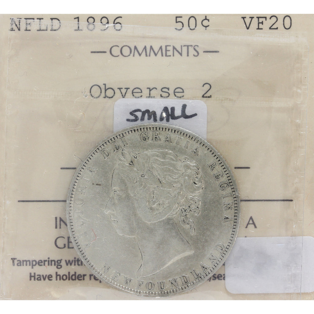 1896 Obv. 2 Small W, Obverse 2 Newfoundland 50-cents ICCS Certified VF20