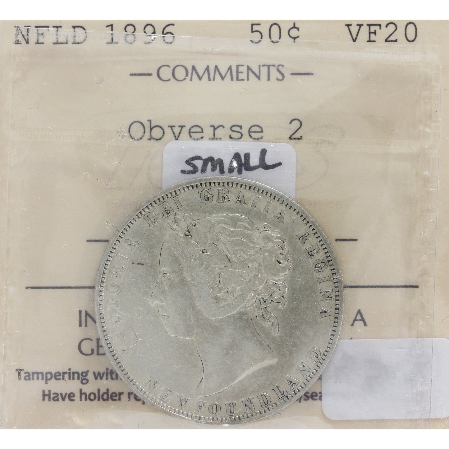 1896 Obv. 2 Small W, Obverse 2 Newfoundland 50-cents ICCS Certified VF20