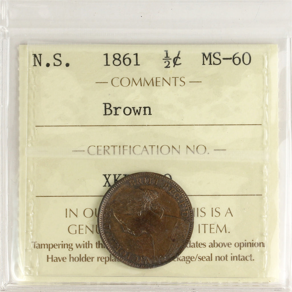 1861 Nova Scotia 1/2 Cent ICCS Certified MS60 Brown