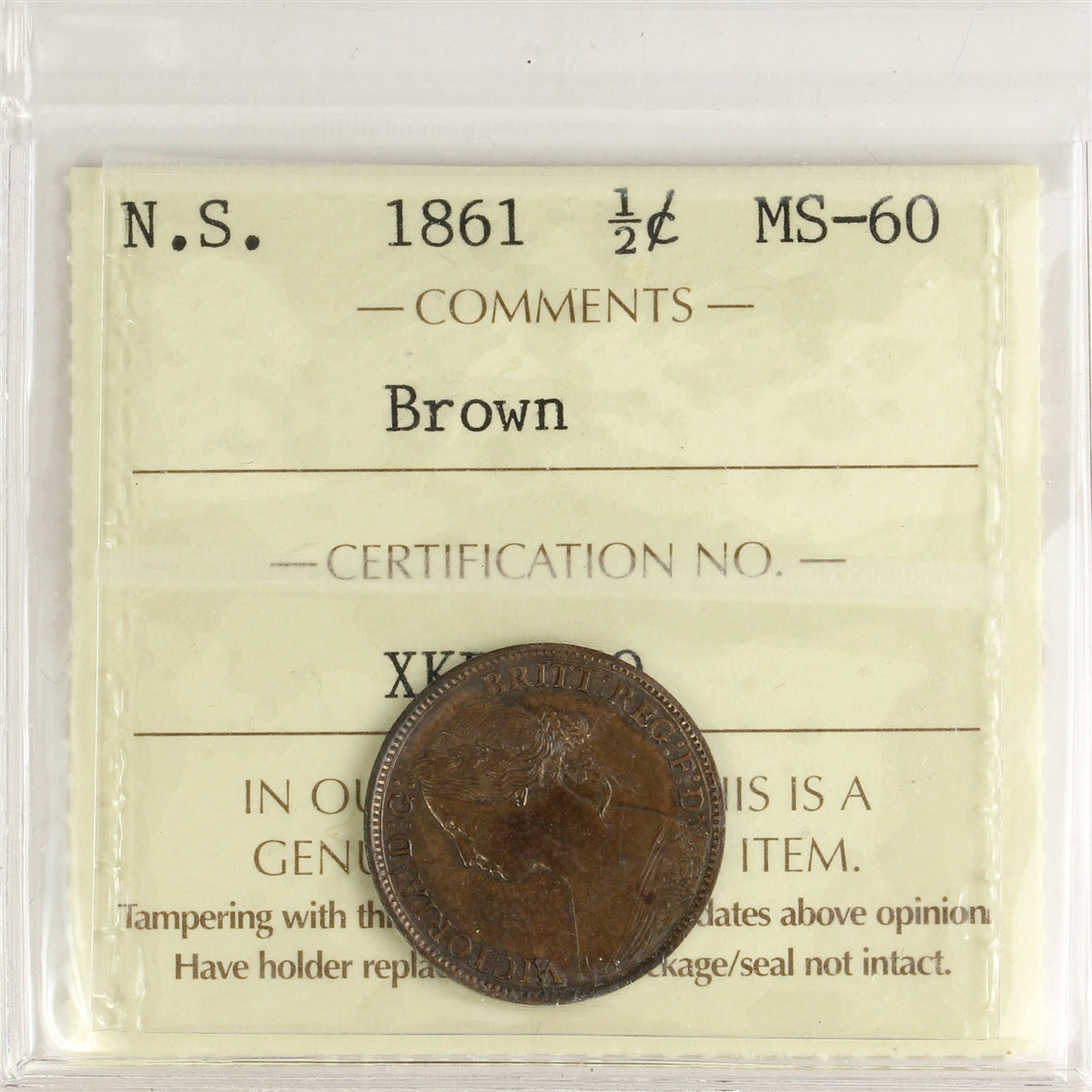 1861 Nova Scotia 1/2 Cent ICCS Certified MS60 Brown