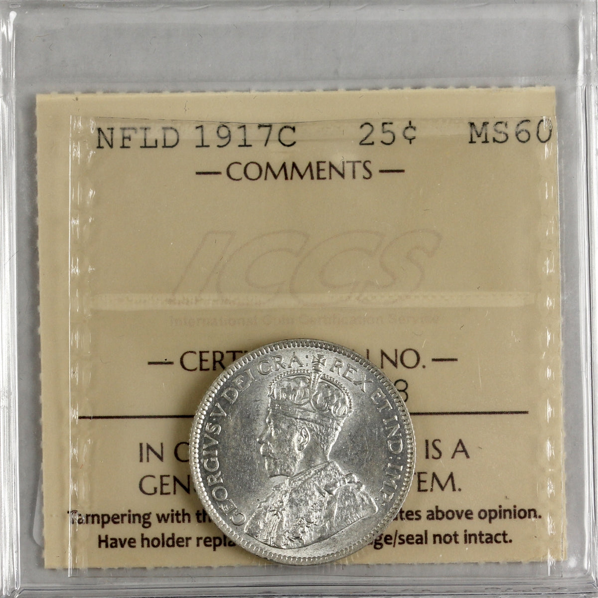 1917C Newfoundland 25-cents ICCS Certified MS60 (XXR 710)
