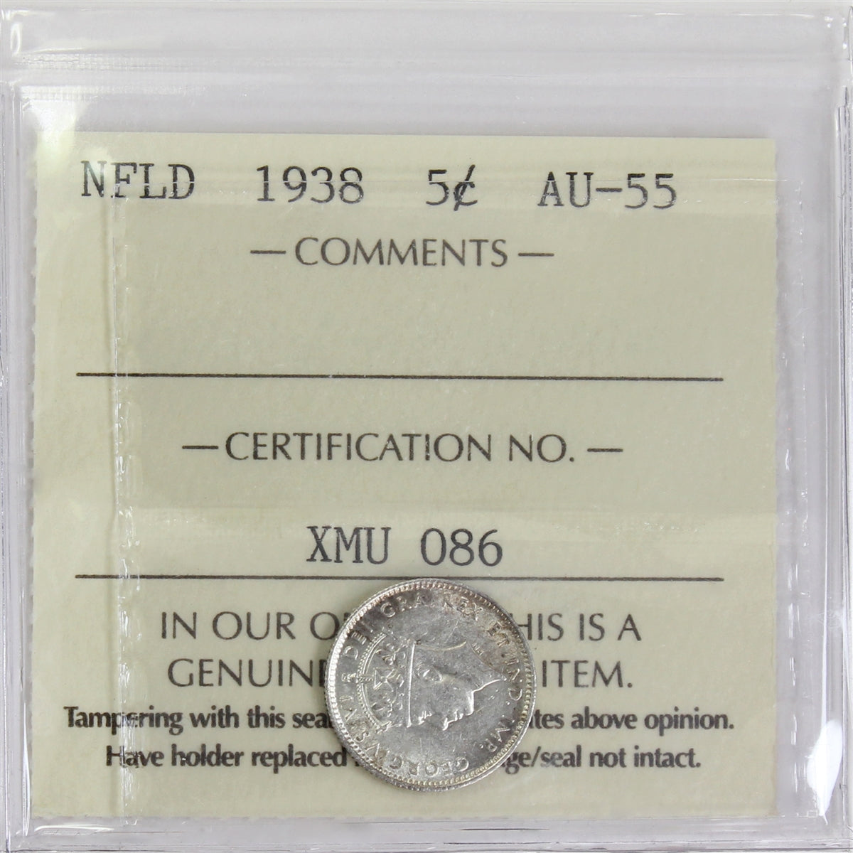 1938 Newfoundland 5-cent ICCS Certified AU55