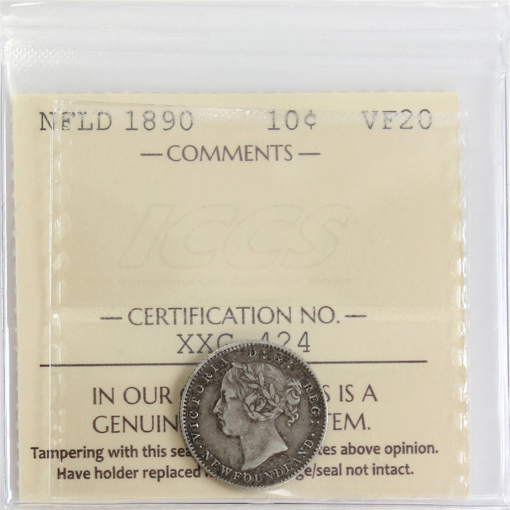 1890 Newfoundland 10-cents ICCS Certified VF20