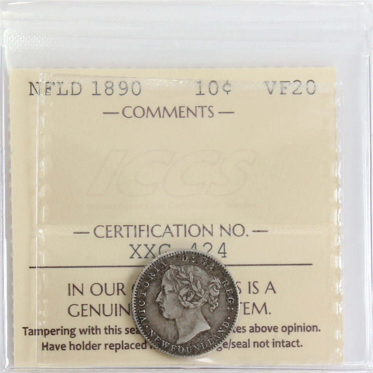 1890 Newfoundland 10-cents ICCS Certified VF20