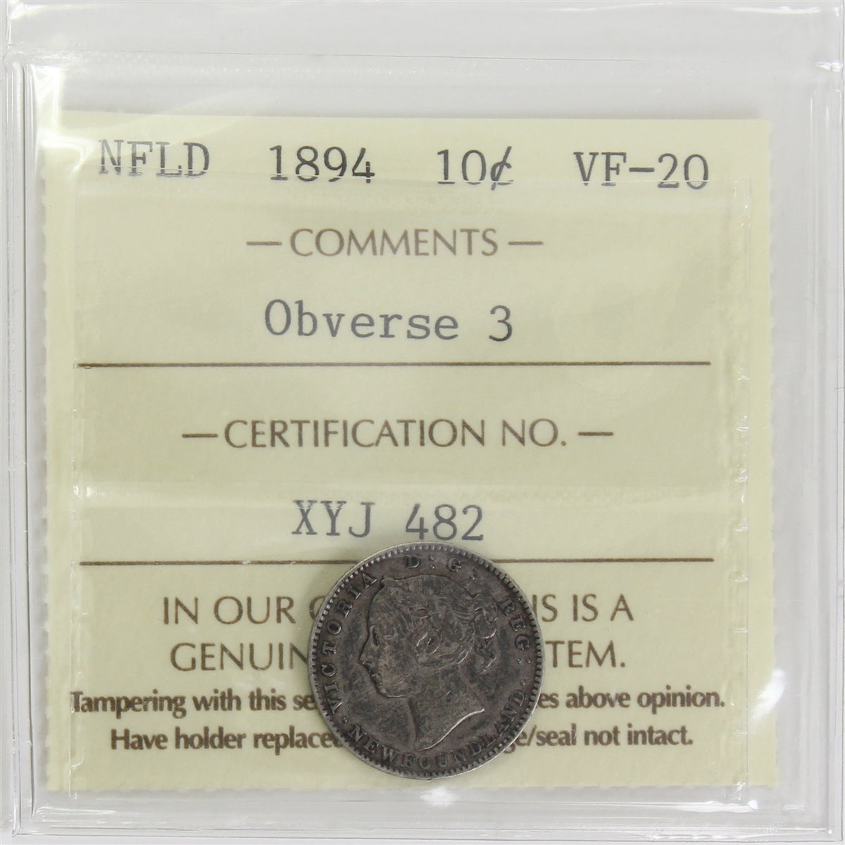 1894 Obv. 3 Newfoundland 10-cents ICCS Certified VF20
