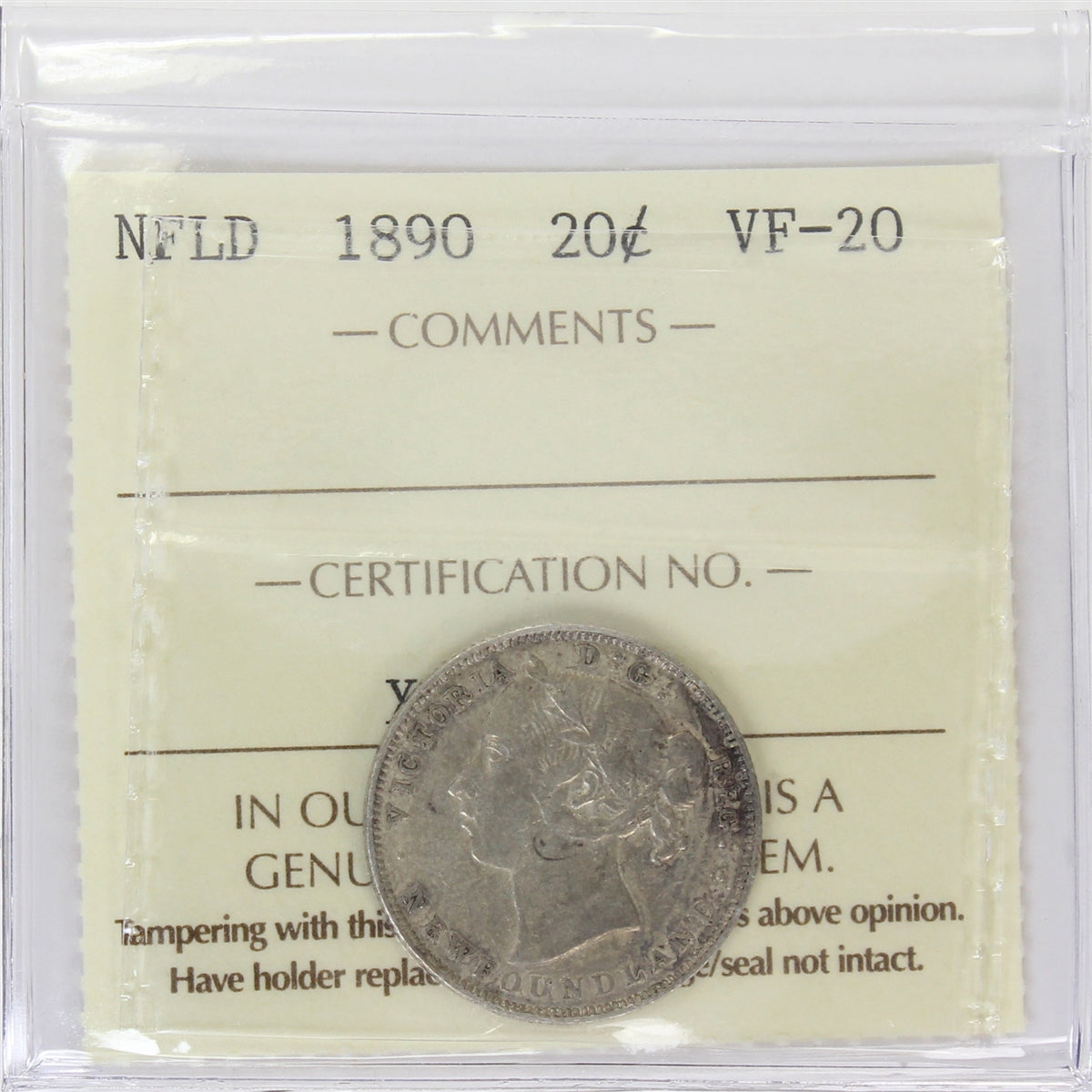 1890 Newfoundland 20-cents ICCS Certified VF20